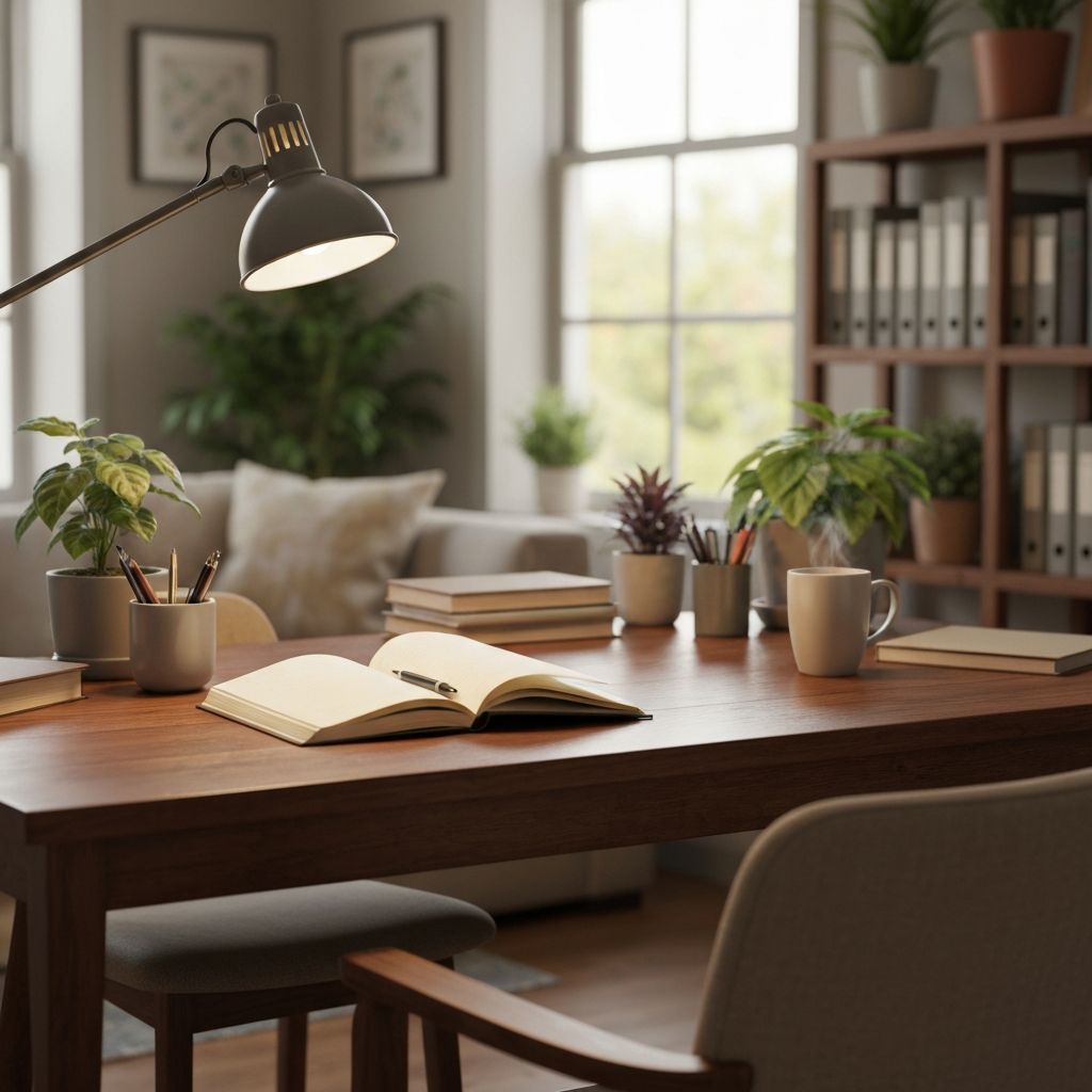 Przytulne biuro z roślinami i notesem